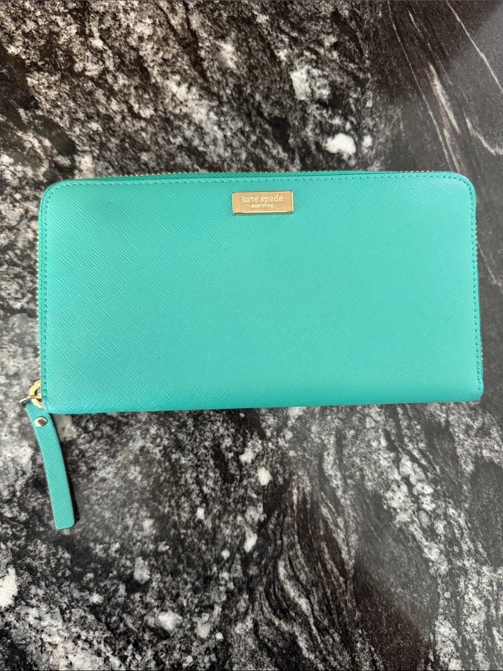 kate spade Teal Zip-Around Saffiano Wallet with Gold Logo